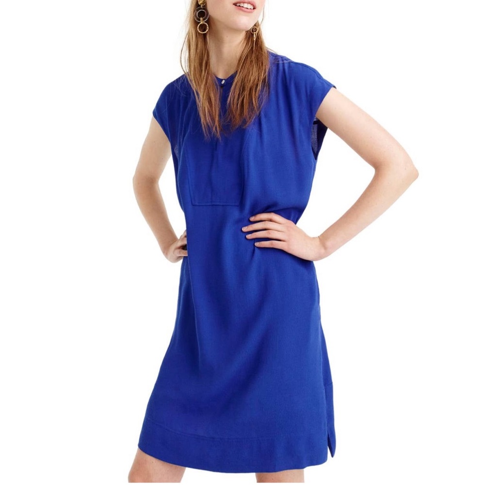 NWT J Crew Royal Blue Short Sleeve VNeck A-line Shirt Dress Pockets Women Sz L